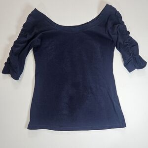 New York & Company Womens Top XS Navy Blue Scoop Neck Casual Ruched Sleeve Shirt